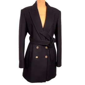 46 US 10 NEW $3190 VERSACE Woman Black 100% WOOL Belted COAT - LOGO PRINT LINING