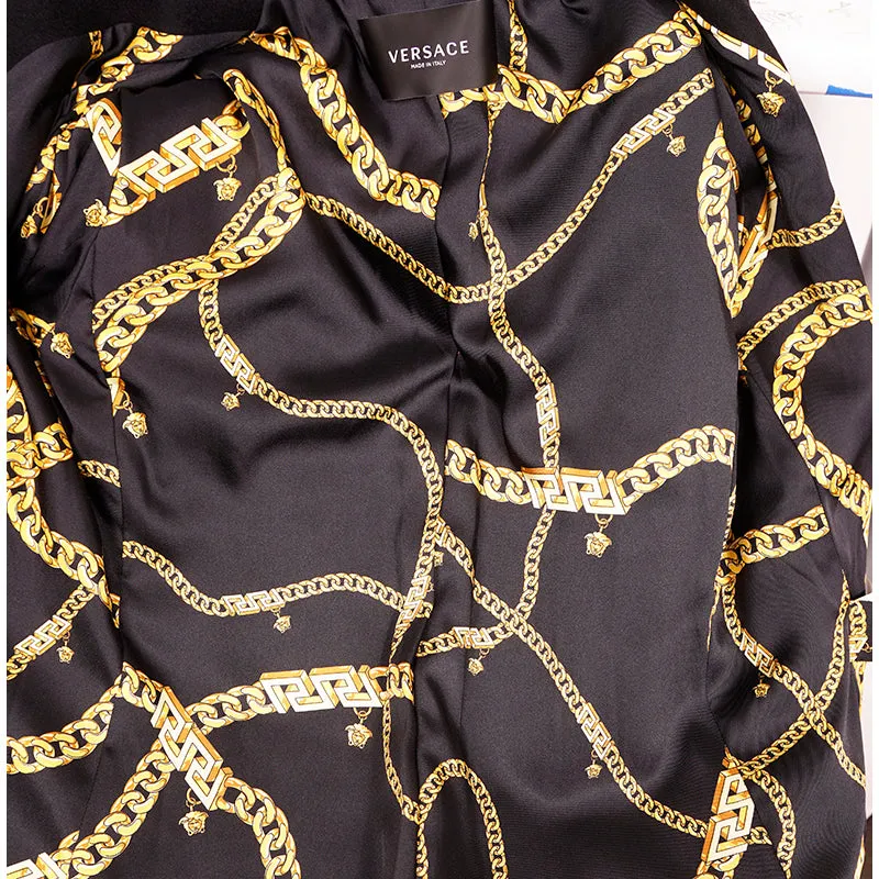 46 US 10 NEW $3190 VERSACE Woman Black 100% WOOL Belted COAT - LOGO PRINT LINING