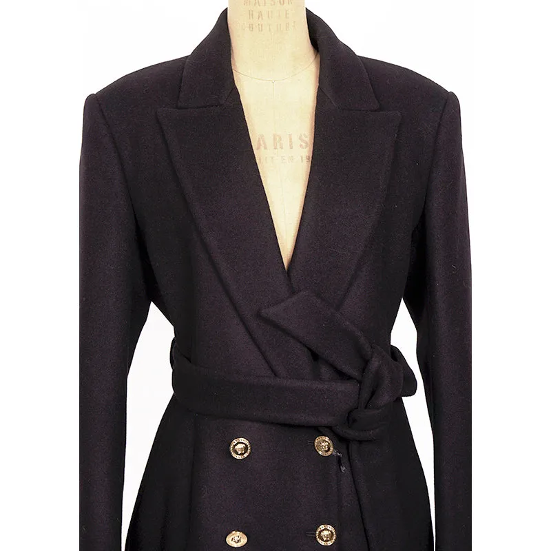 46 US 10 NEW $3190 VERSACE Woman Black 100% WOOL Belted COAT - LOGO PRINT LINING