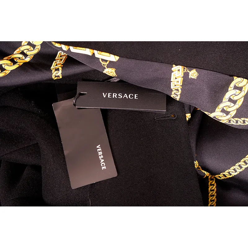 46 US 10 NEW $3190 VERSACE Woman Black 100% WOOL Belted COAT - LOGO PRINT LINING
