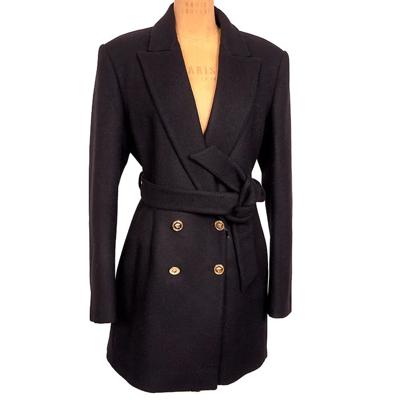 46 US 10 NEW $3190 VERSACE Woman Black 100% WOOL Belted COAT - LOGO PRINT LINING