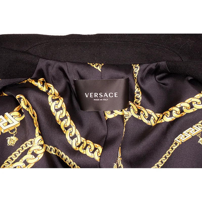 46 US 10 NEW $3190 VERSACE Woman Black 100% WOOL Belted COAT - LOGO PRINT LINING
