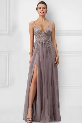 A-Line Prom Dresses Floral Dress Party Wear Floor Length Sleeveless Strap Tulle with Slit