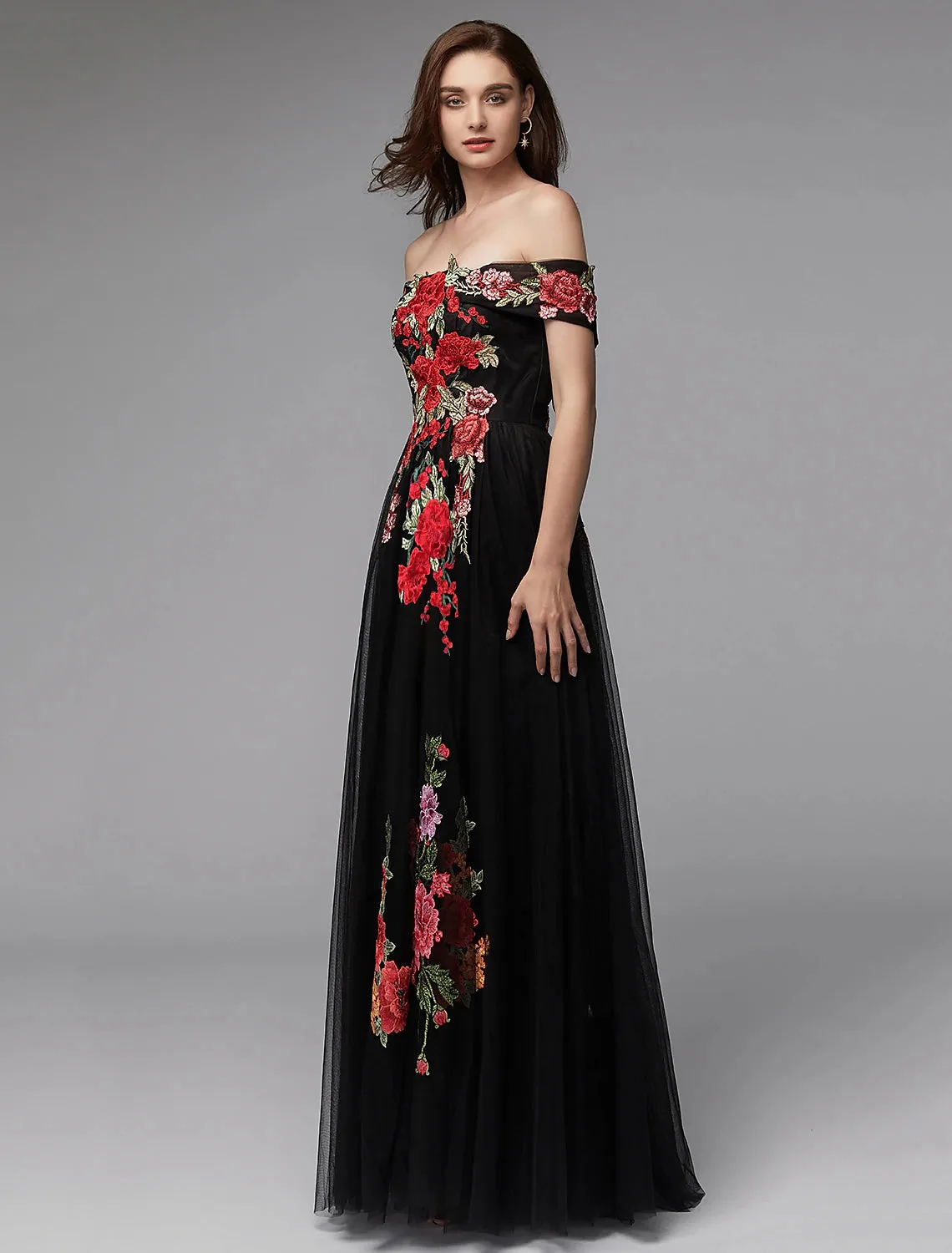 A-Line Prom Dresses Floral Dress Wedding Guest Floor Length Sleeveless Off Shoulder Lace Over Tulle with Embroidery Appliques