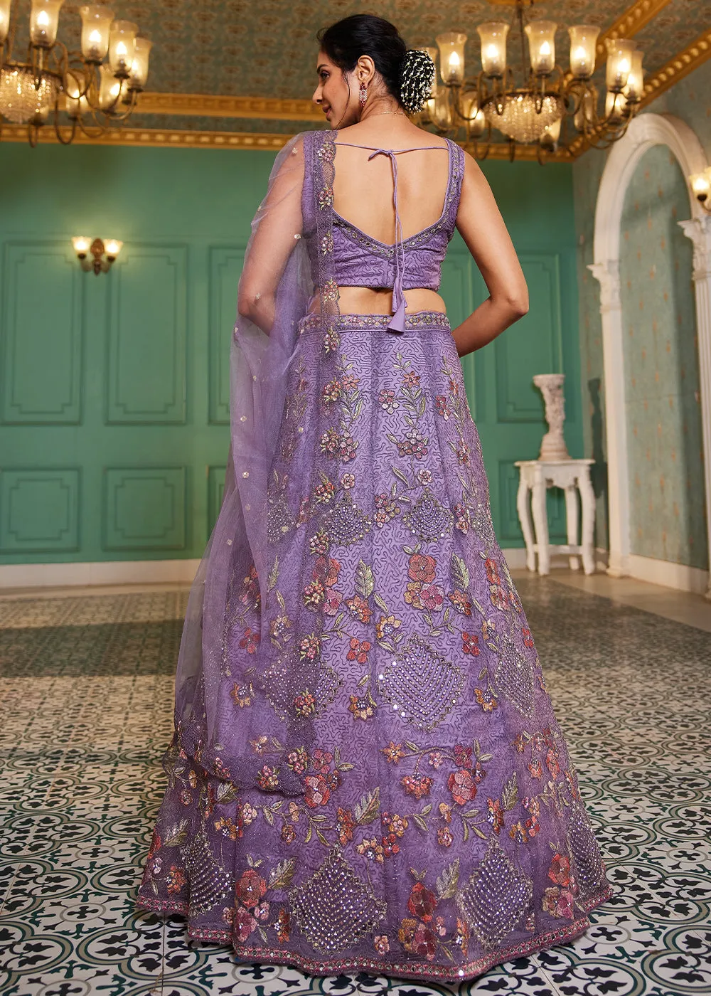 Amethyst Purple Net Lehenga Choli with Coding & Zarkan Work