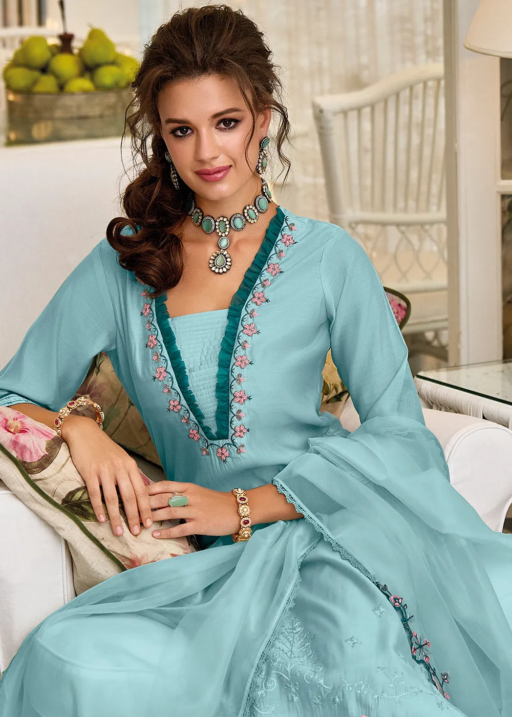 Arctic Blue Embroidered Silk Salwar Suit
