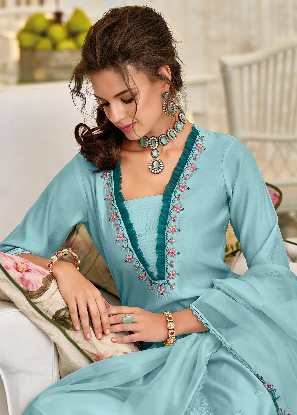 Arctic Blue Embroidered Silk Salwar Suit