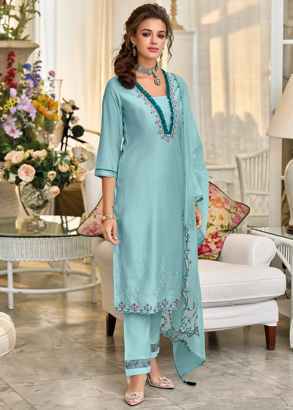 Arctic Blue Embroidered Silk Salwar Suit