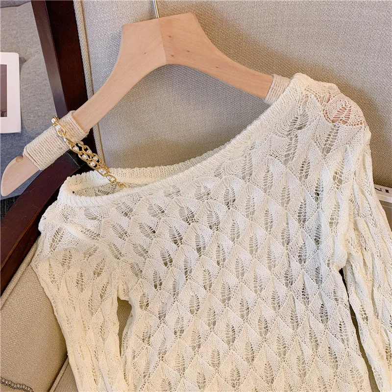 Asymmetric Hollowed White Knitwear