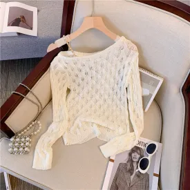 Asymmetric Hollowed White Knitwear