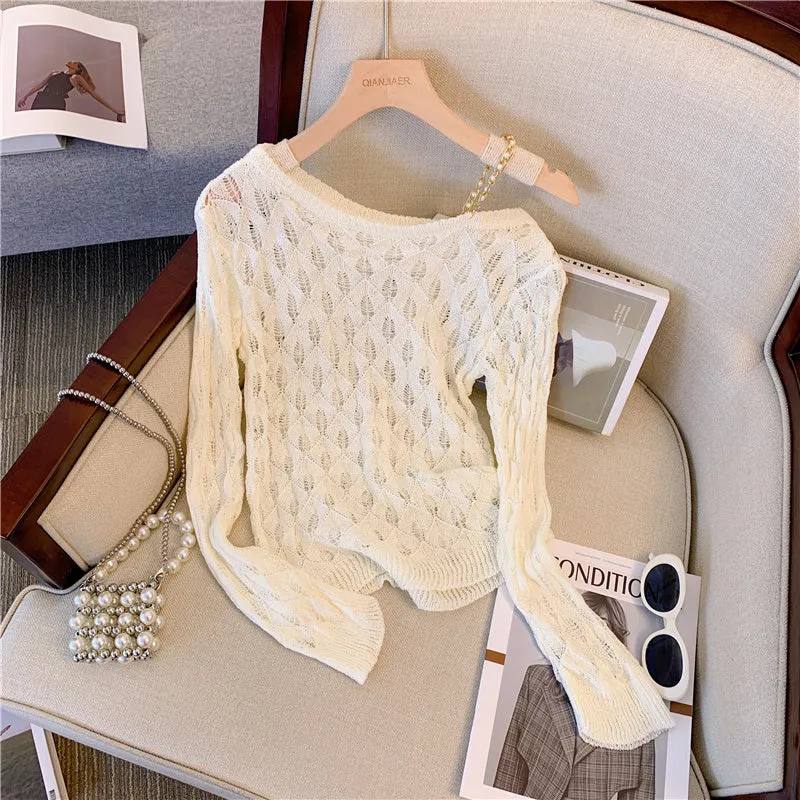 Asymmetric Hollowed White Knitwear