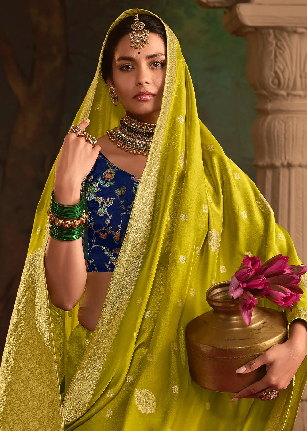 Avocado Green Crepe Dola Silk Saree with Rich Zari Weaving