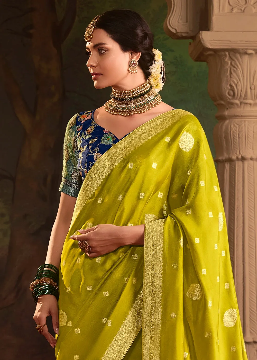 Avocado Green Crepe Dola Silk Saree with Rich Zari Weaving