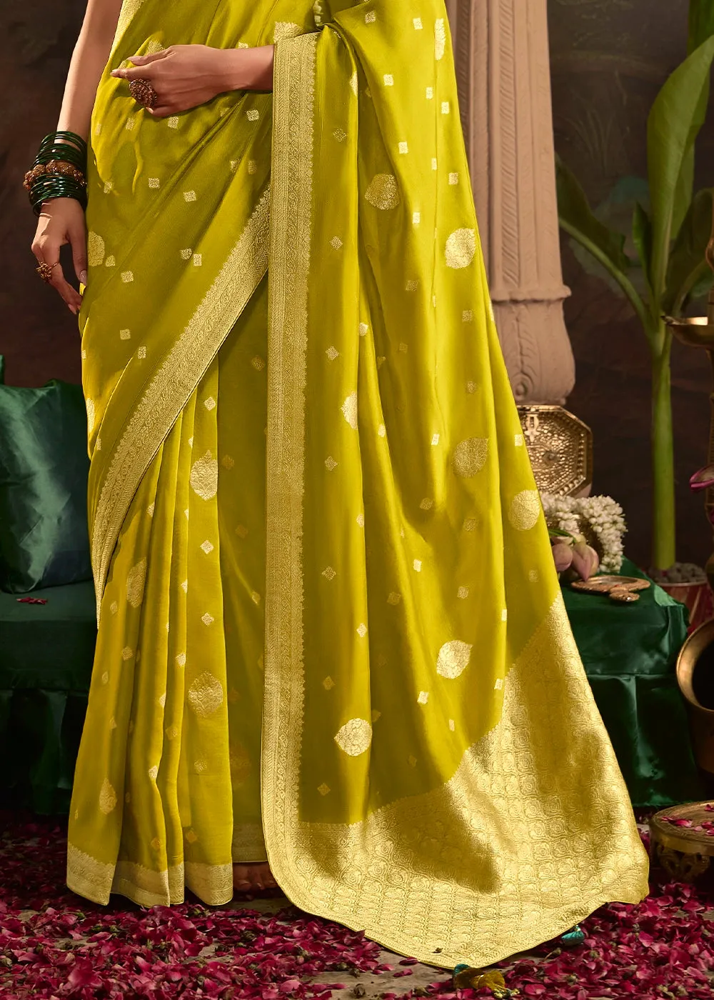 Avocado Green Crepe Dola Silk Saree with Rich Zari Weaving
