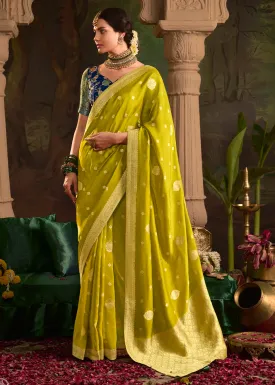 Avocado Green Crepe Dola Silk Saree with Rich Zari Weaving