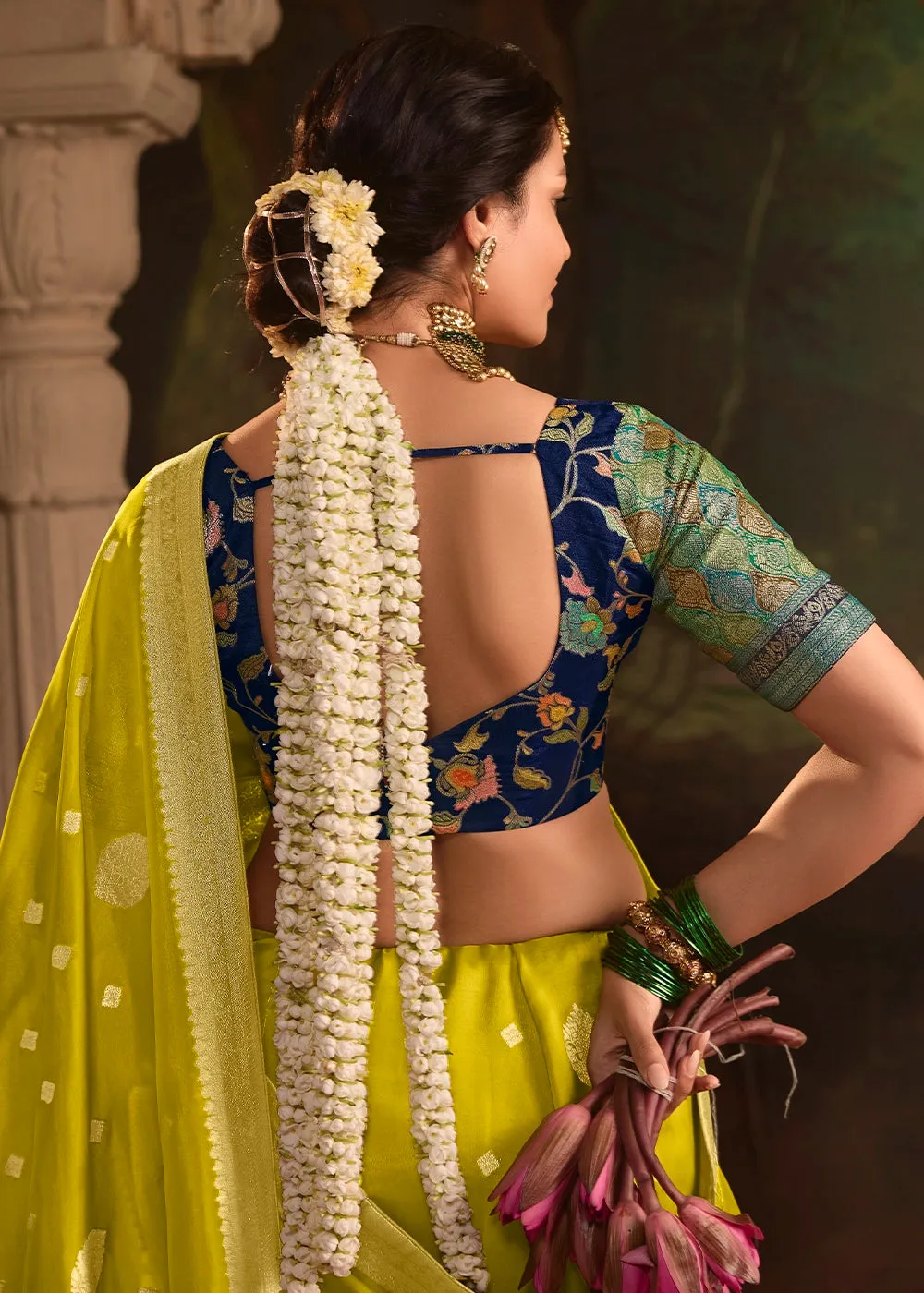 Avocado Green Crepe Dola Silk Saree with Rich Zari Weaving