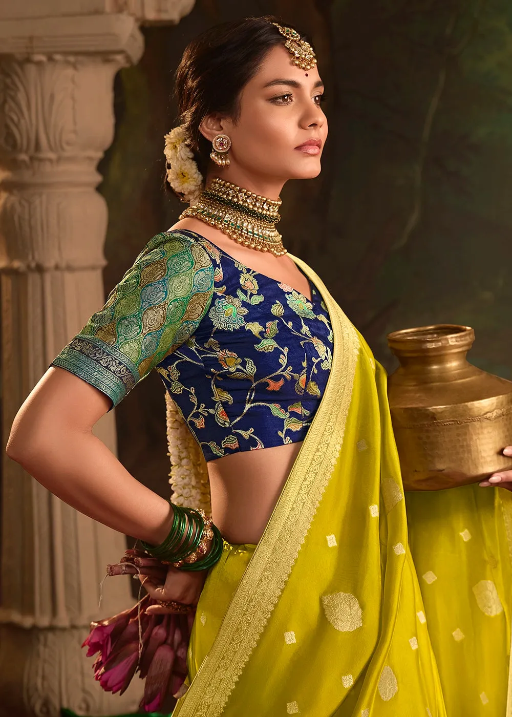 Avocado Green Crepe Dola Silk Saree with Rich Zari Weaving