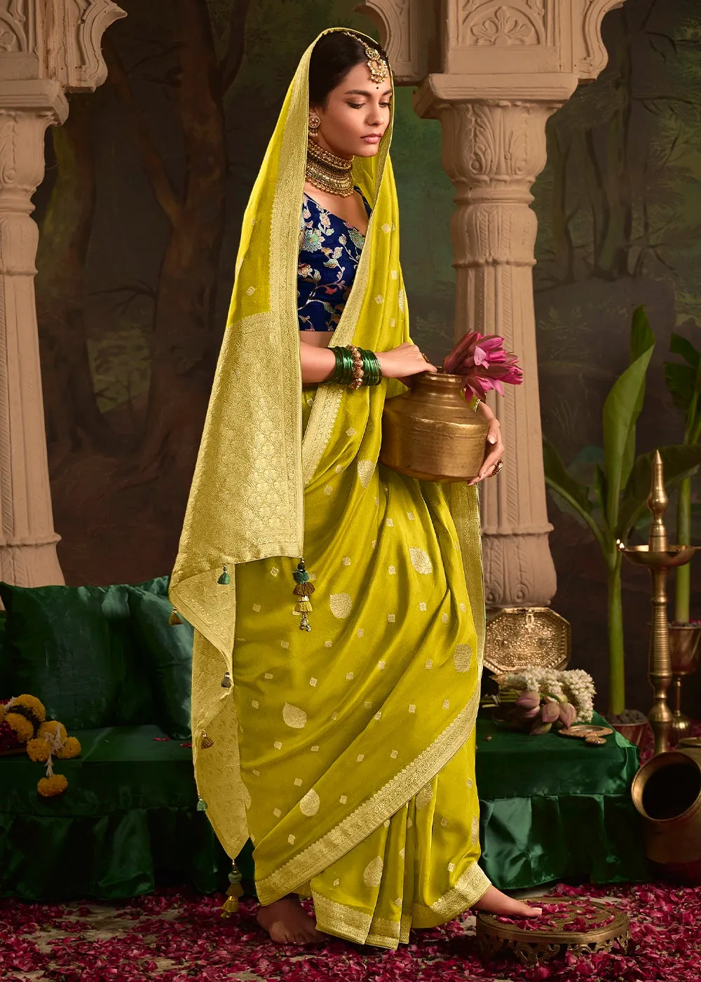 Avocado Green Crepe Dola Silk Saree with Rich Zari Weaving