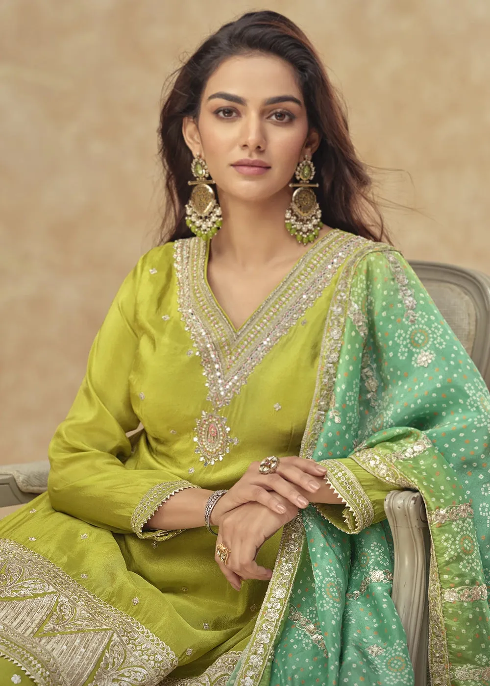 Avocado Green Embellished Simar Silk Palazzo Suit
