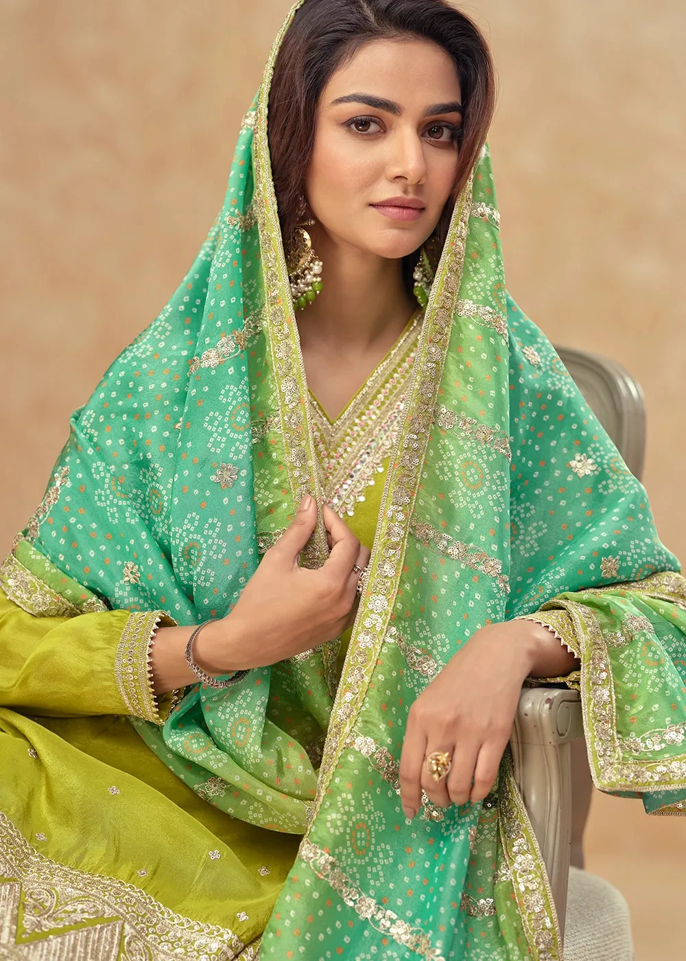Avocado Green Embellished Simar Silk Palazzo Suit
