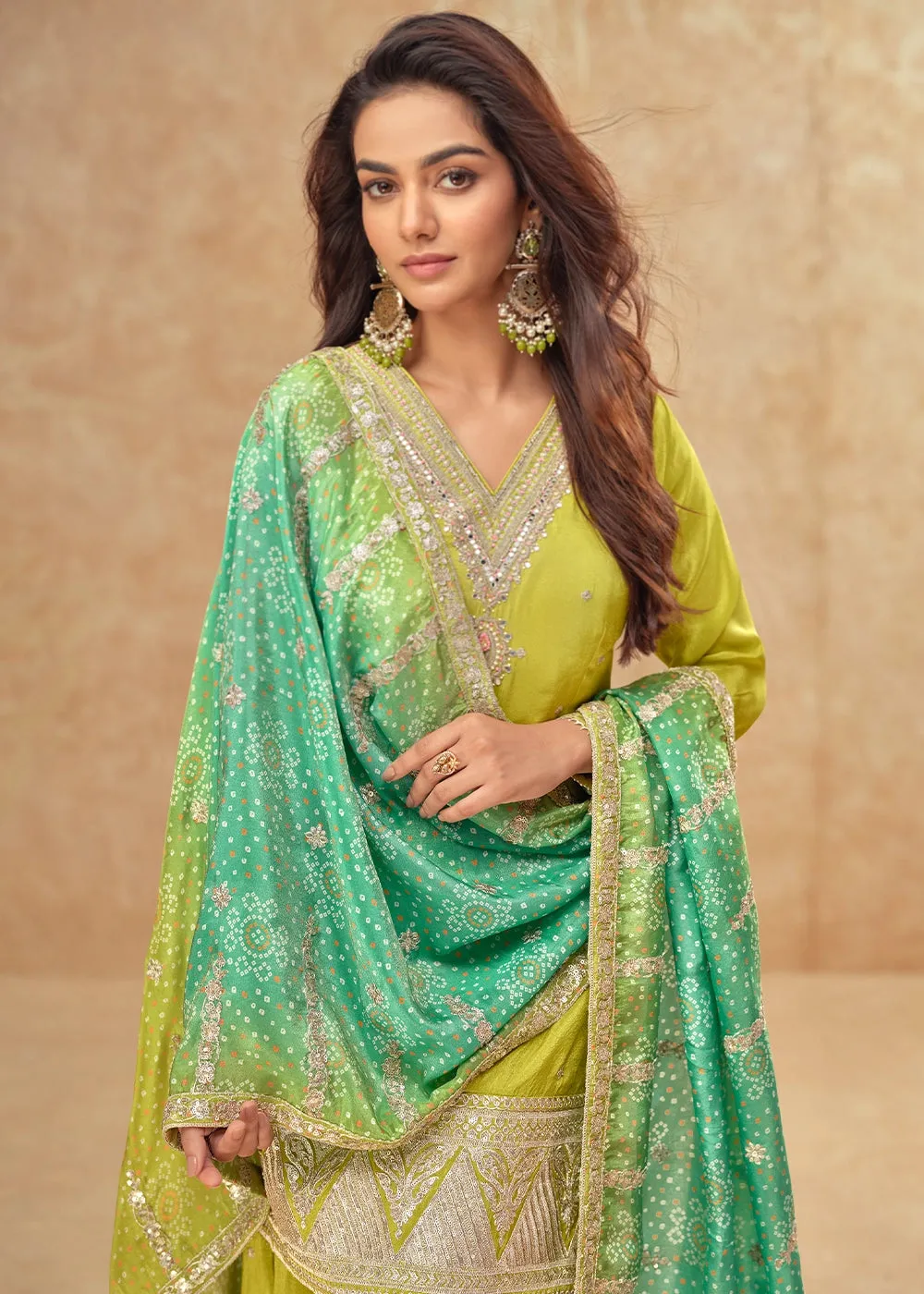 Avocado Green Embellished Simar Silk Palazzo Suit