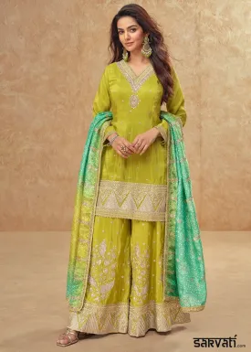 Avocado Green Embellished Simar Silk Palazzo Suit