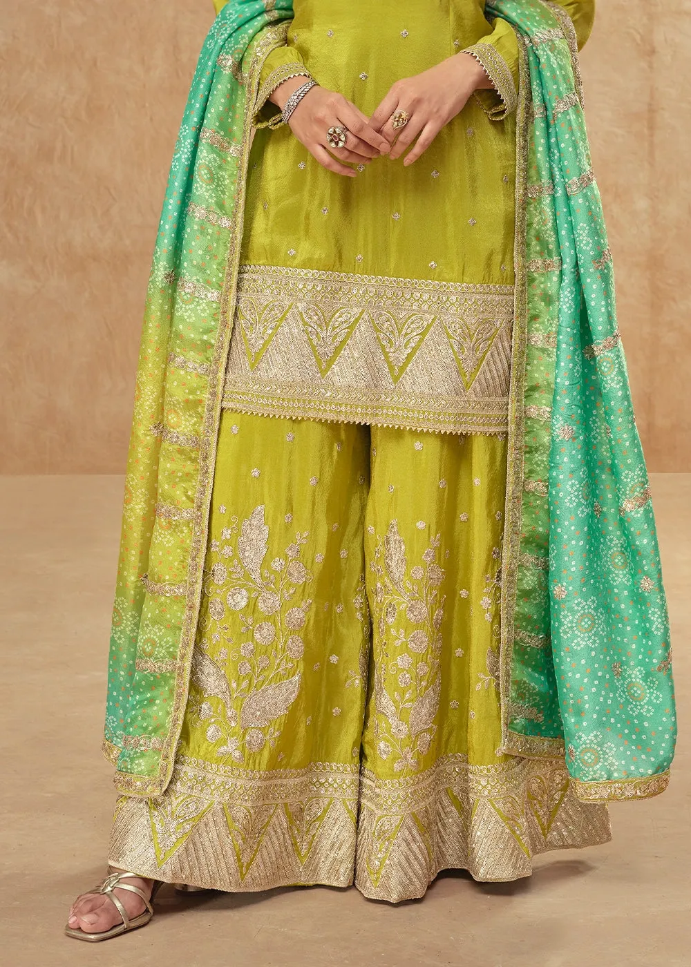 Avocado Green Embellished Simar Silk Palazzo Suit