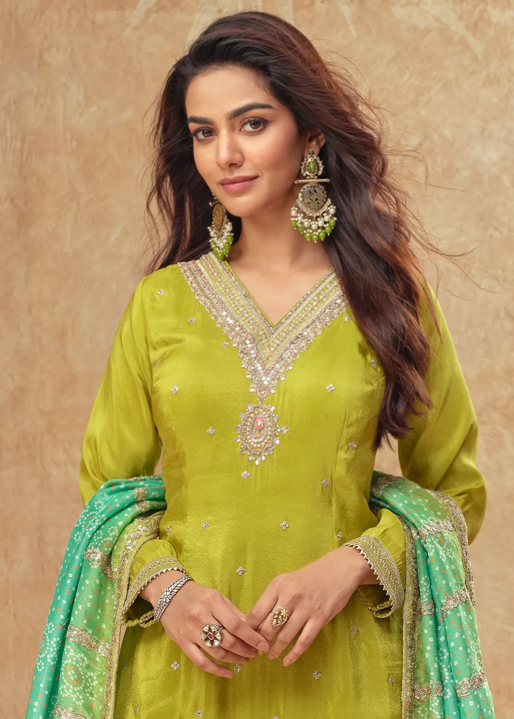 Avocado Green Embellished Simar Silk Palazzo Suit
