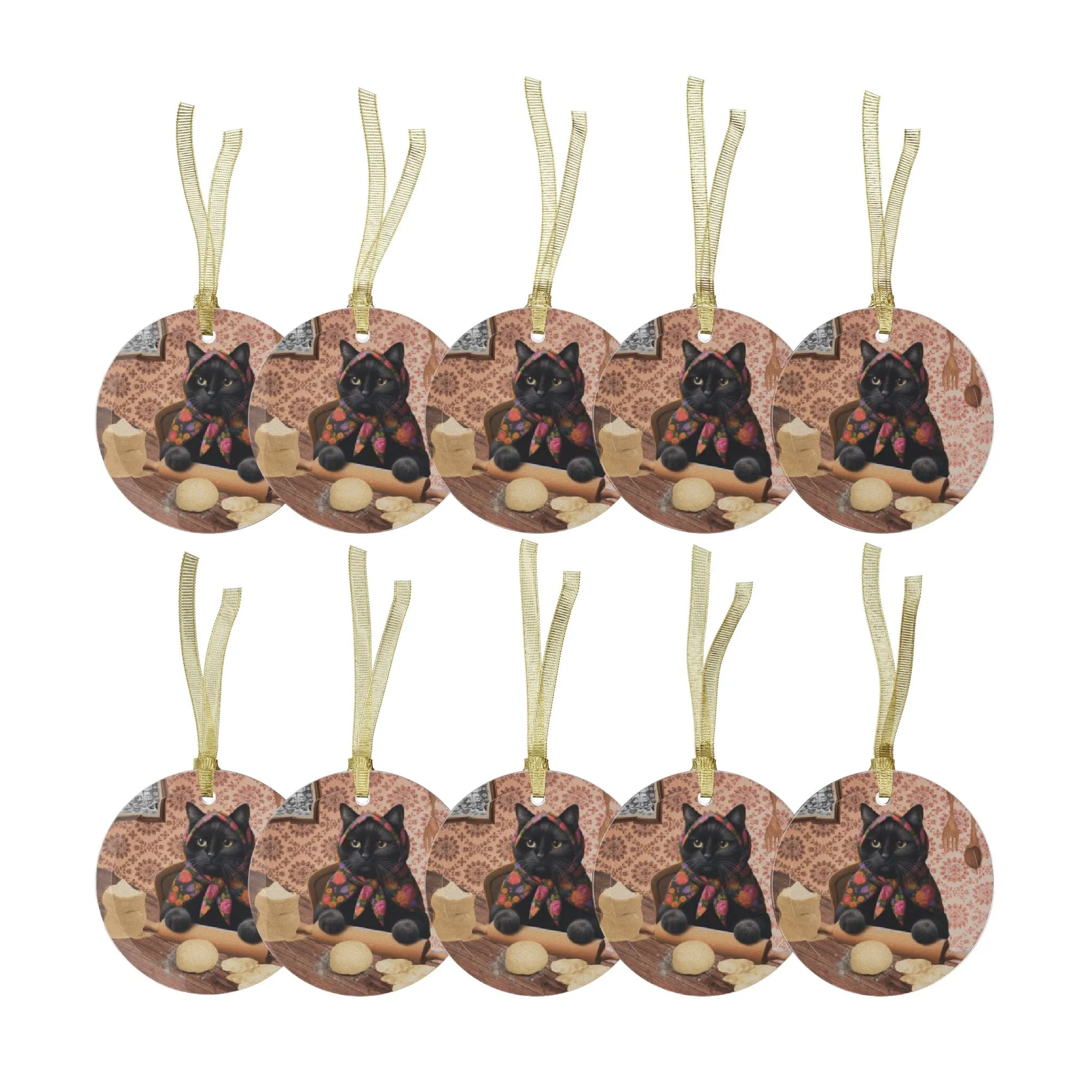 Babushka Pierogi Cat, Black Cat Ornaments 1 pc or 10 pc