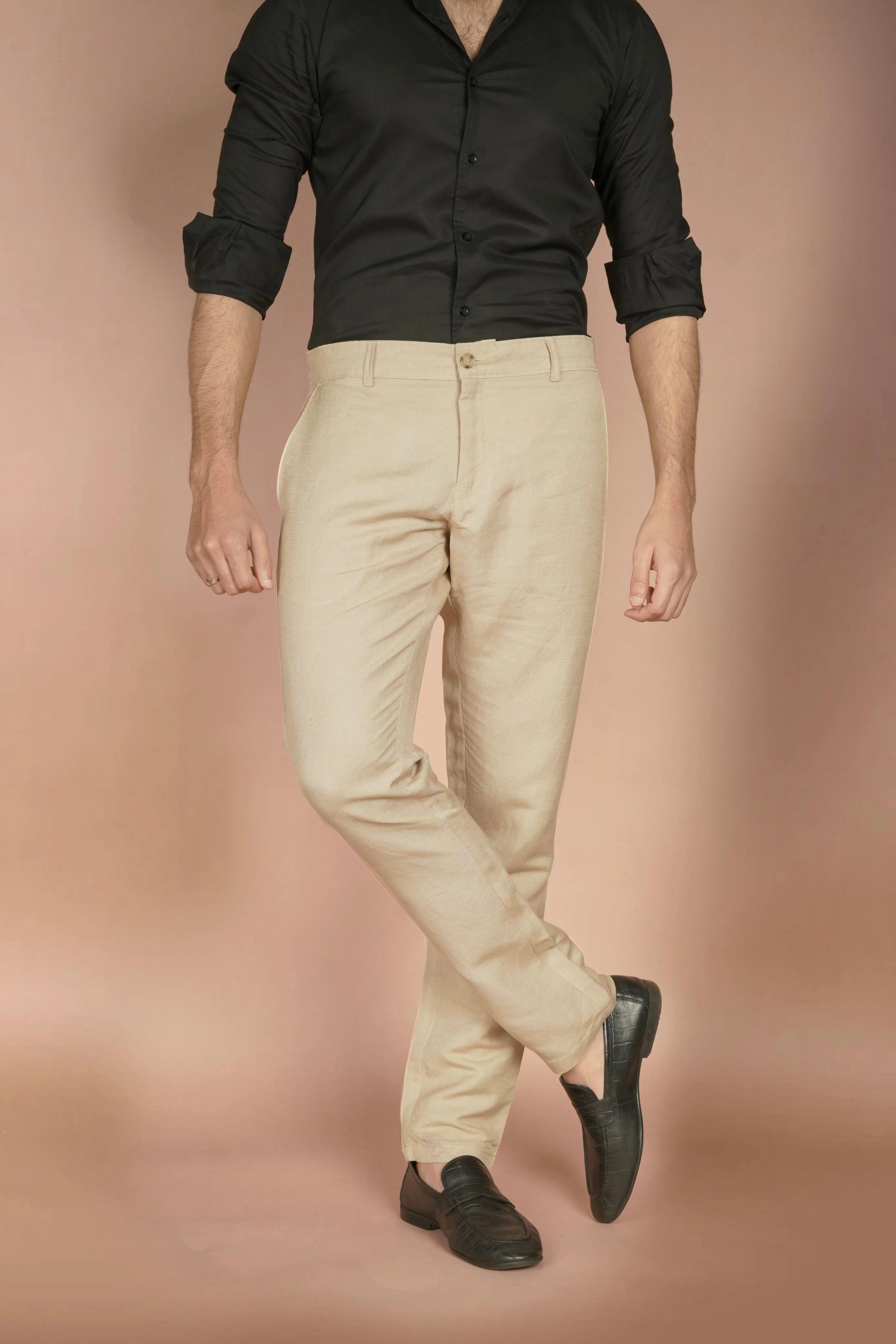 Beige Herringbone Linen Trousers