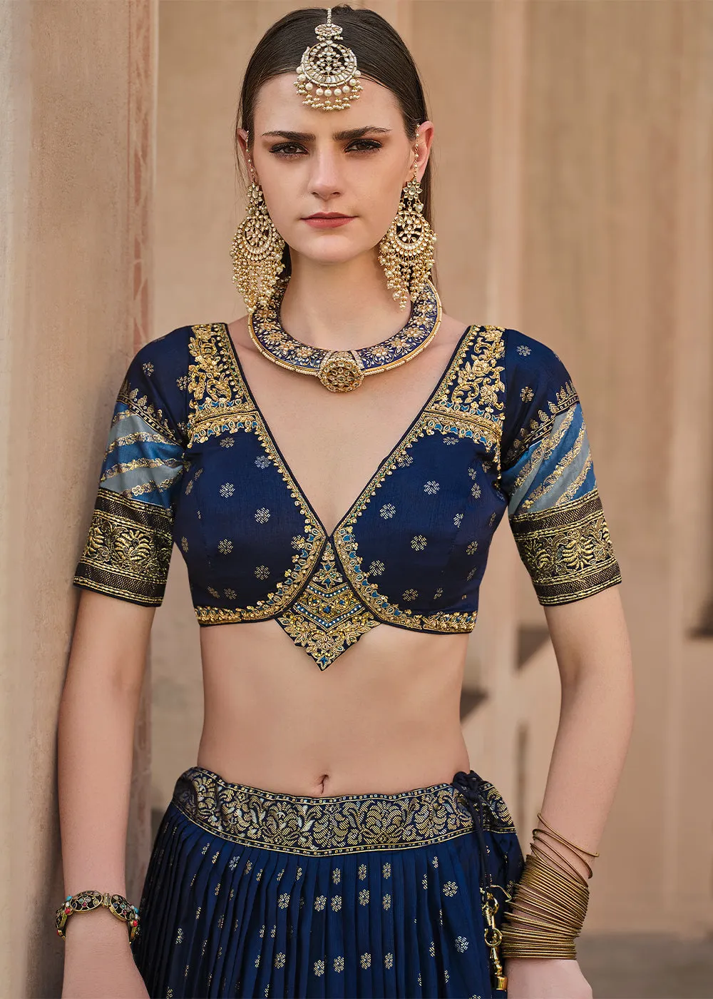 Berry Blue Lehenga Choli in Banarasi Silk with Exquisite Embroidery
