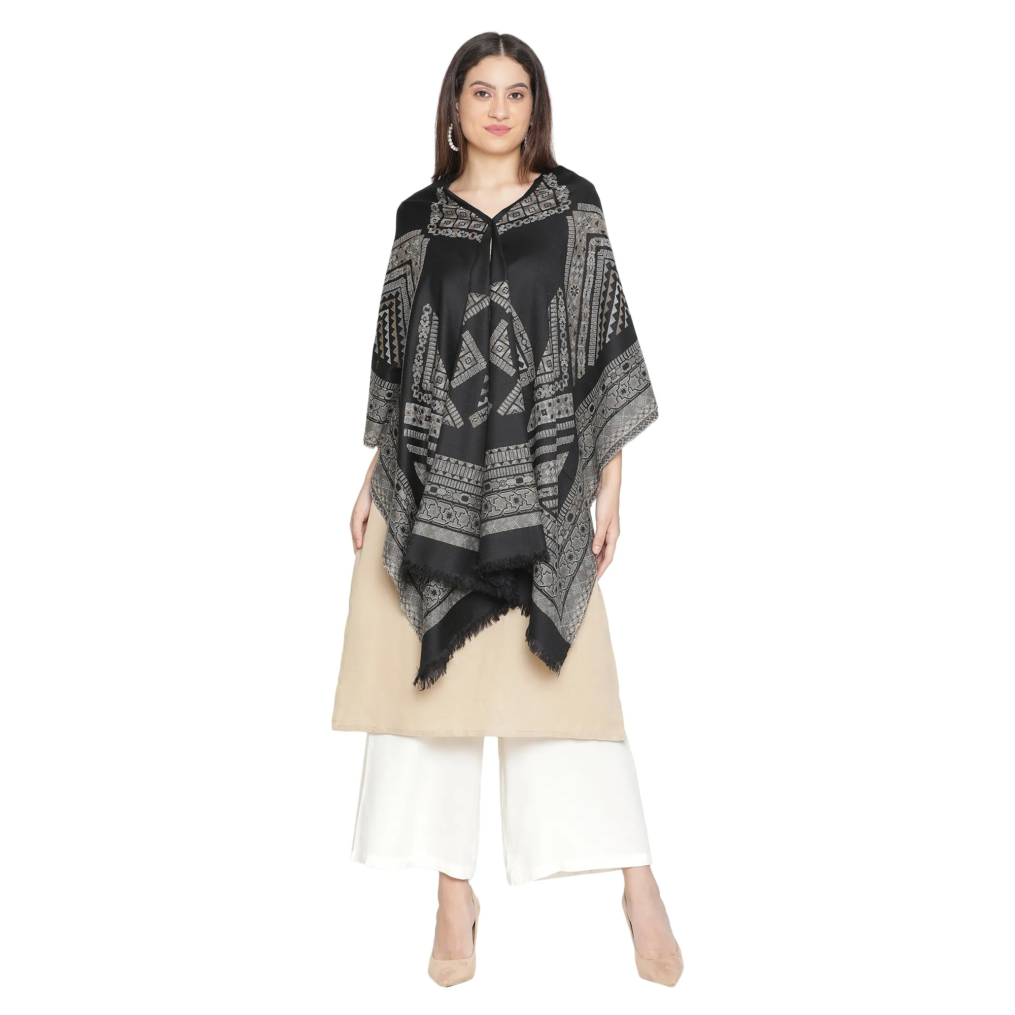 Black Abstract Wool Woven Design Shawl