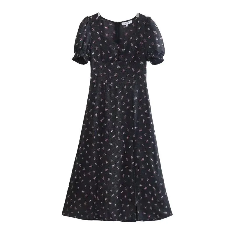 Black Floral Tea Length Slit Short Sleeve Midi Casual Dress