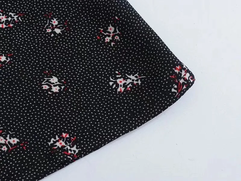 Black Floral Tea Length Slit Short Sleeve Midi Casual Dress
