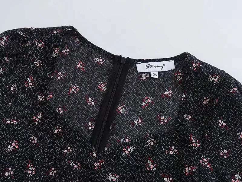 Black Floral Tea Length Slit Short Sleeve Midi Casual Dress