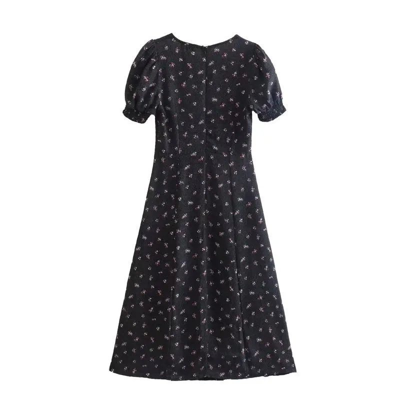 Black Floral Tea Length Slit Short Sleeve Midi Casual Dress