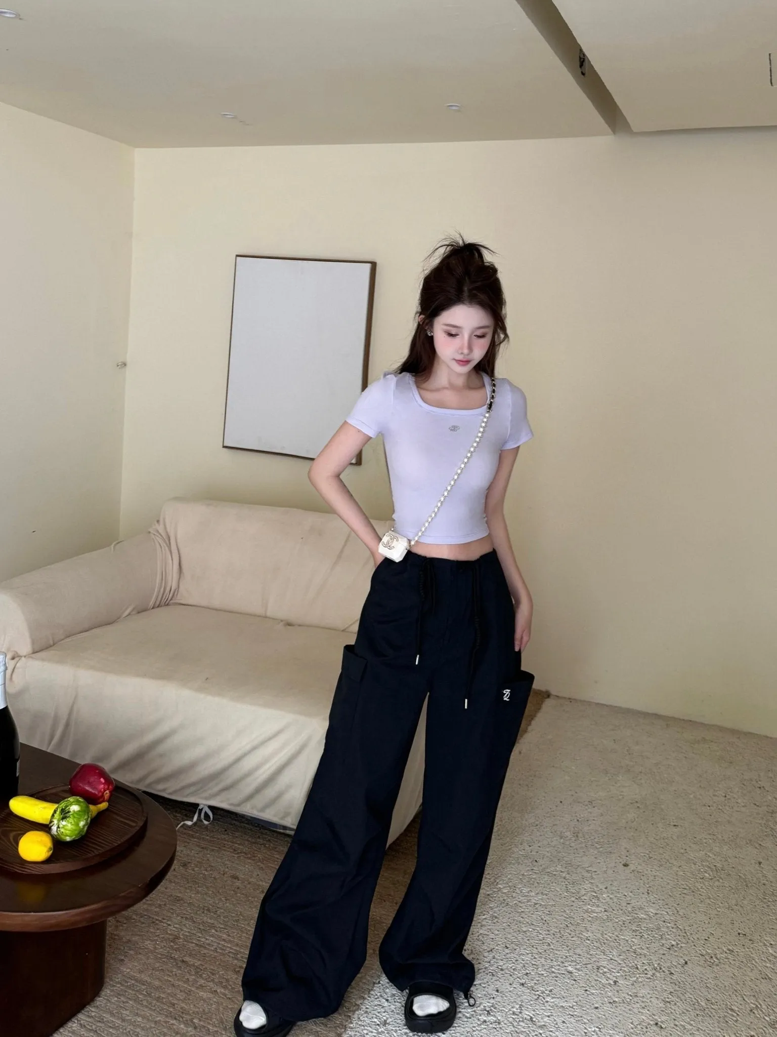 Black Loose-Fitting Three-Dimensional Pockets Work Pants