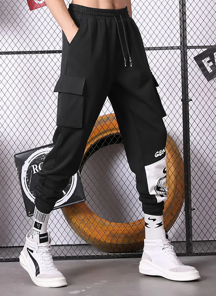 Black Print Pocket Drawstring Jogger Pants