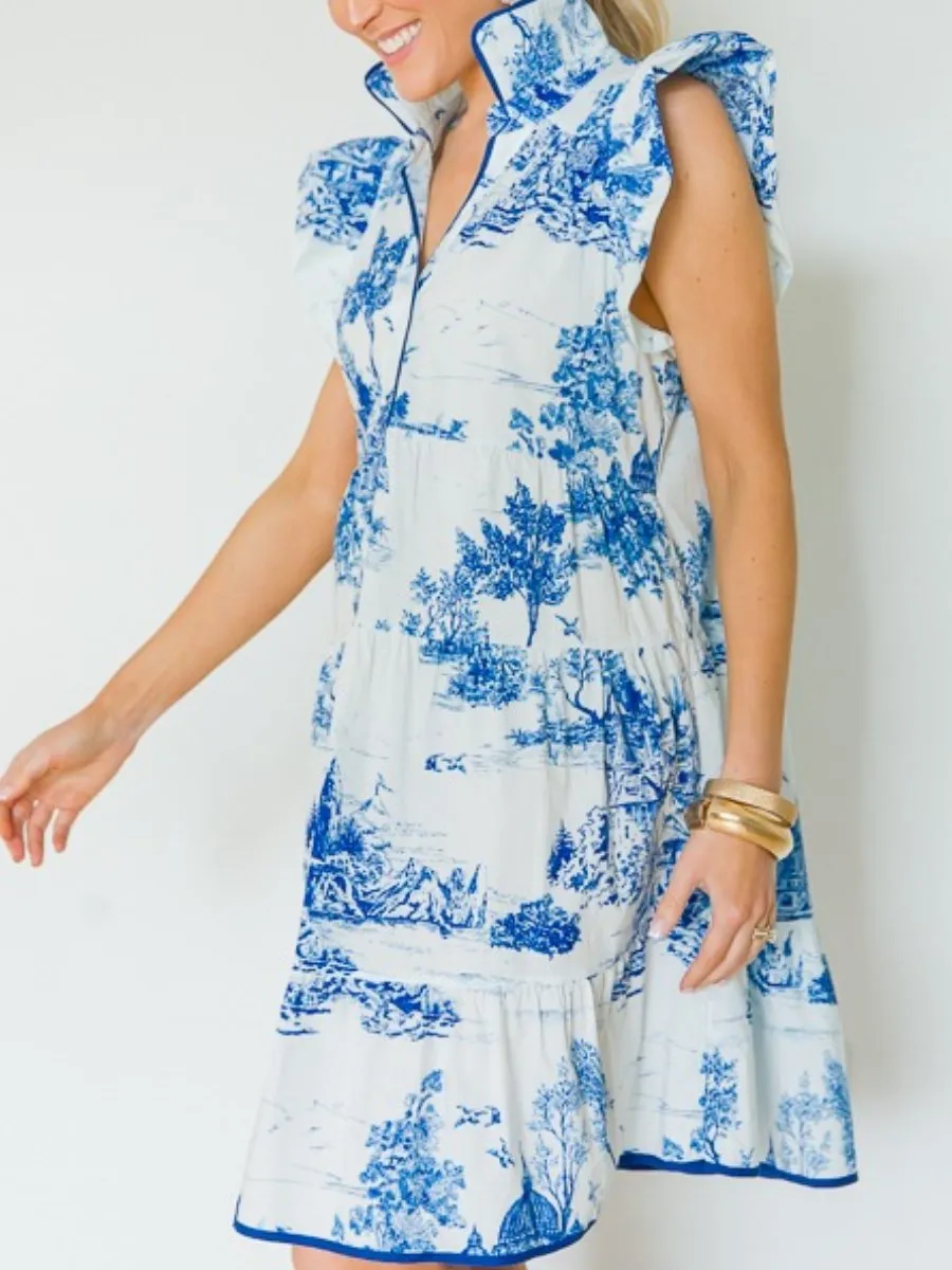 Blue Flutter Sleeve Pattern Dress