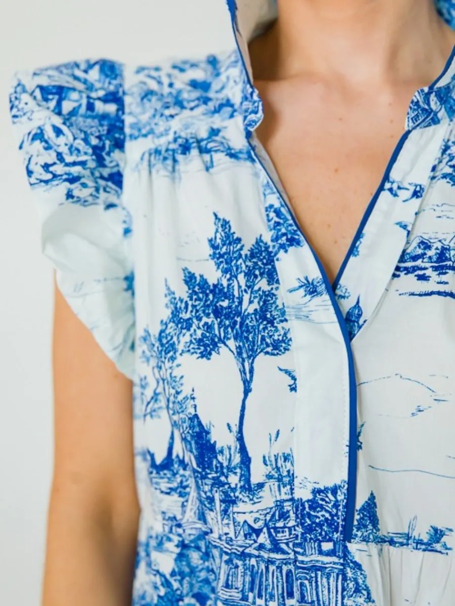 Blue Flutter Sleeve Pattern Dress