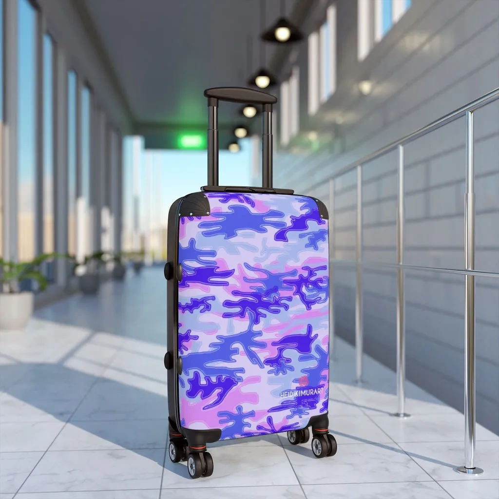 Blue Purple Camo Print Cabin Suitcase, Carry On Luggage With 2 Inner Pockets & Built in TSA-approved Lock With 360° Swivel