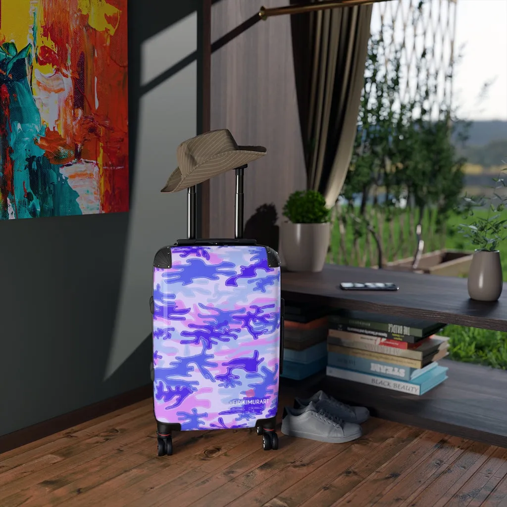 Blue Purple Camo Print Cabin Suitcase, Carry On Luggage With 2 Inner Pockets & Built in TSA-approved Lock With 360° Swivel