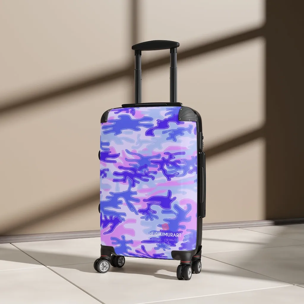 Blue Purple Camo Print Cabin Suitcase, Carry On Luggage With 2 Inner Pockets & Built in TSA-approved Lock With 360° Swivel