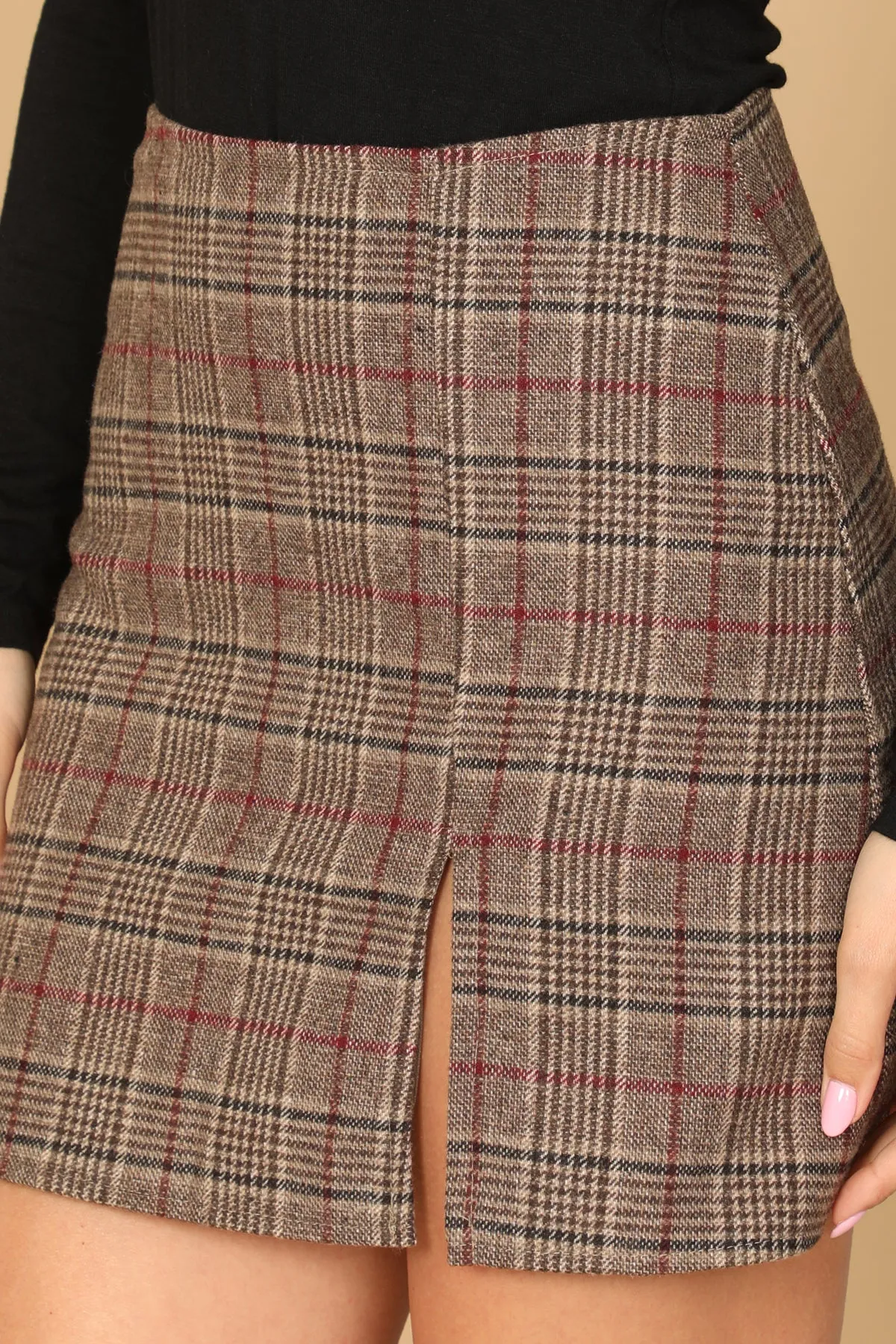 BROWN MULBERRY WOVEN PLAID SIDE SLIT MINI SKIRT 2-2-1