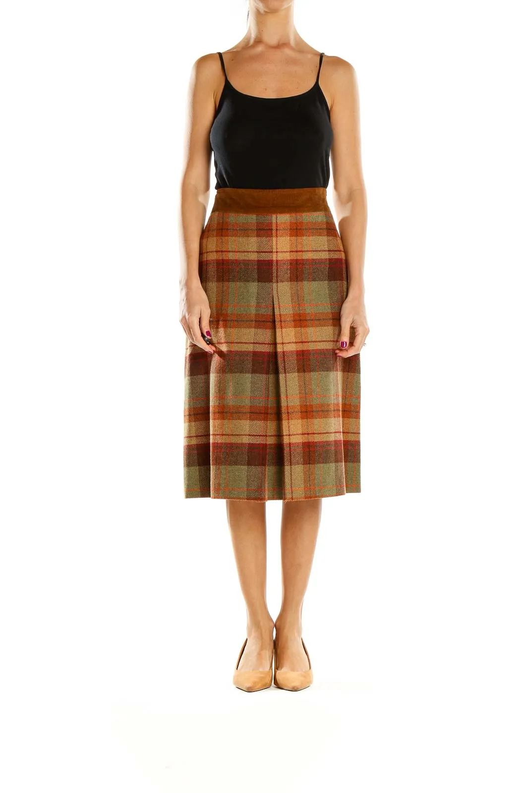 Brown Plaid Wool Midi Skirt
