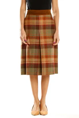 Brown Plaid Wool Midi Skirt
