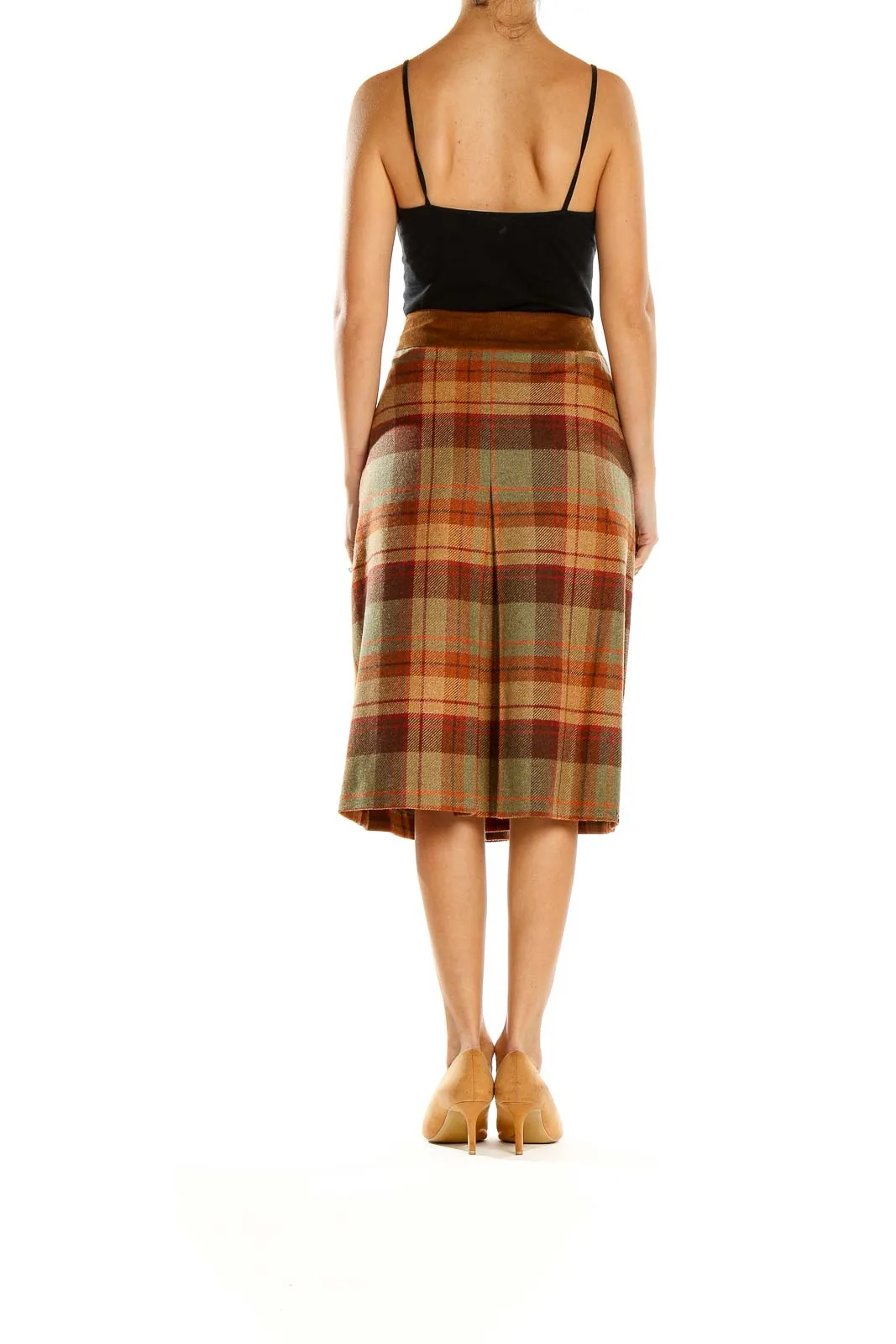 Brown Plaid Wool Midi Skirt