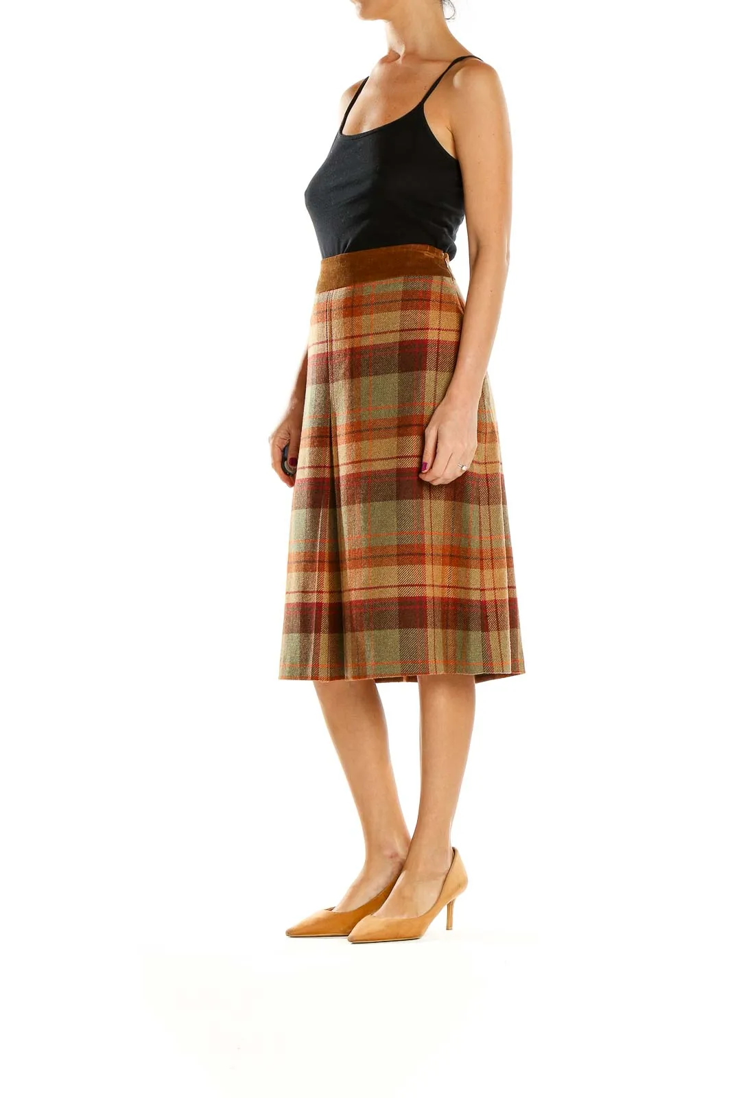 Brown Plaid Wool Midi Skirt