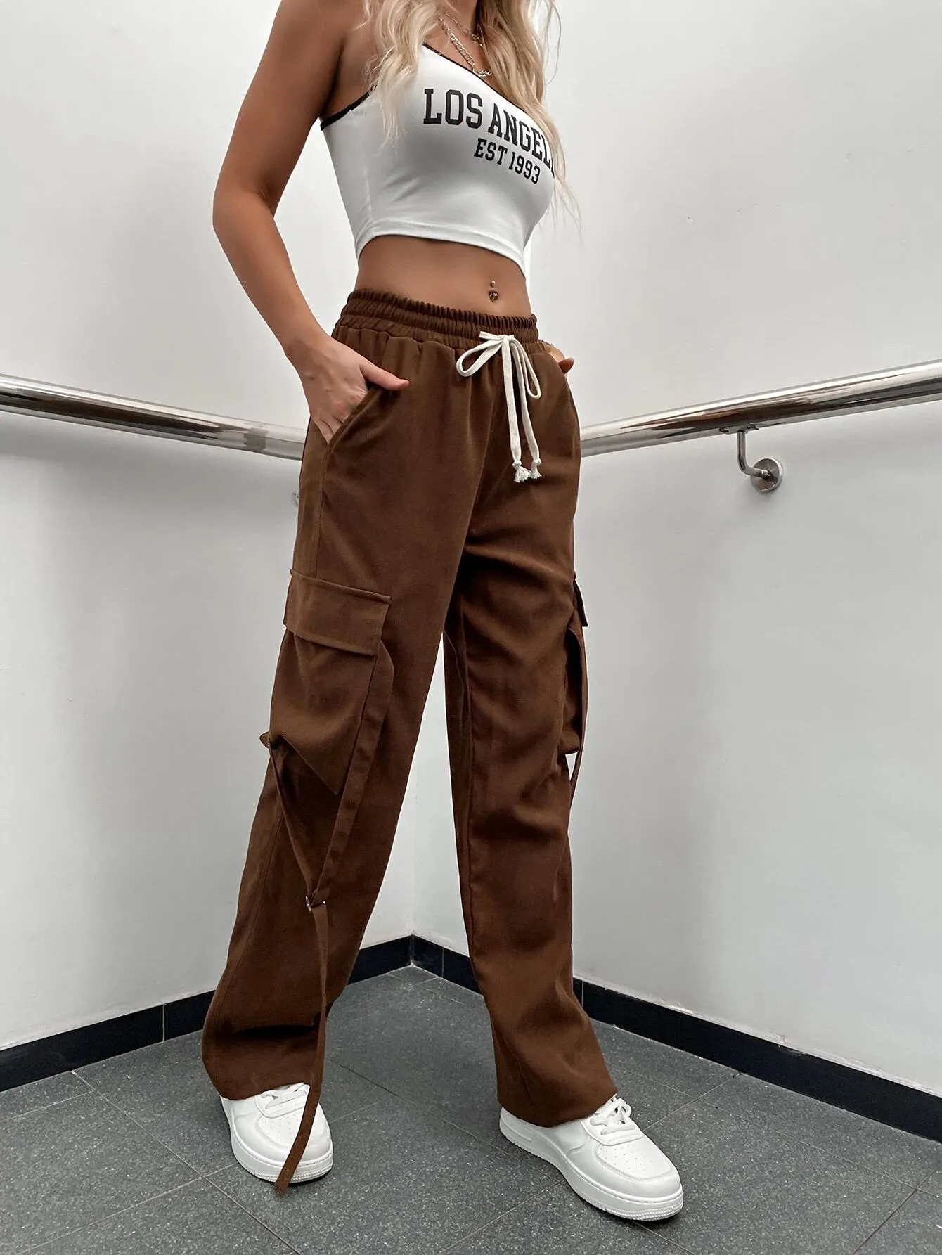 Brown Waist Flap Pocket Cargo Pants