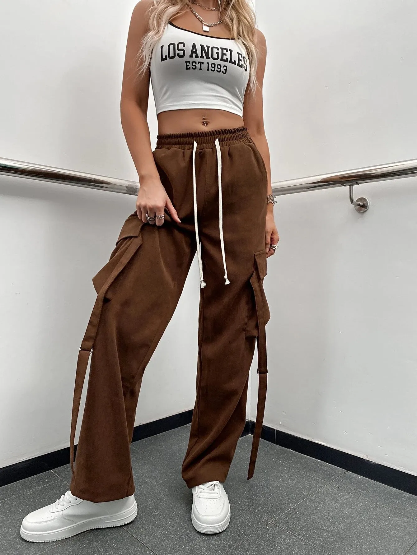 Brown Waist Flap Pocket Cargo Pants